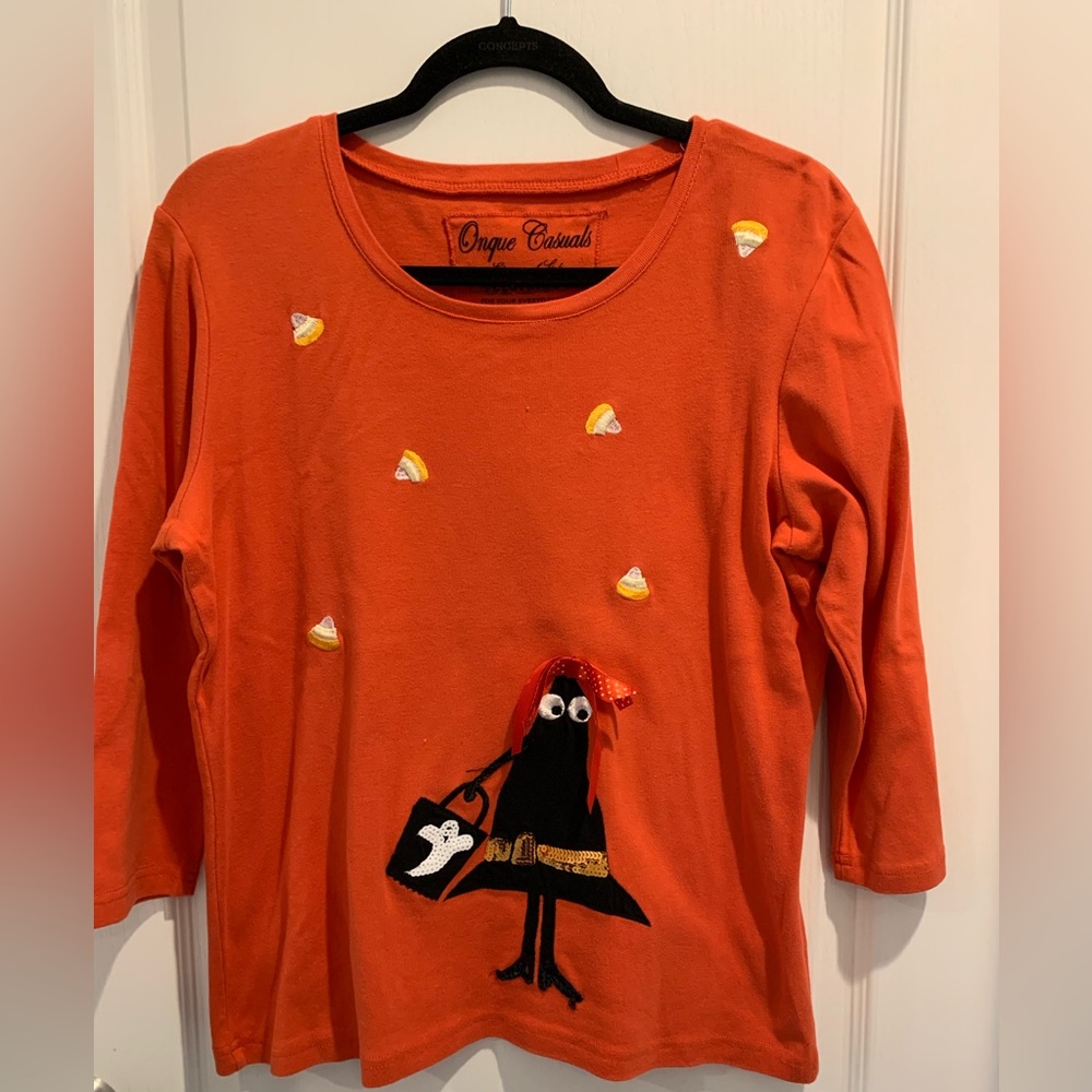 Onque Casuals Large 3/4 Sleeve Embroidered Halloween Shirt Witch Hat Halloween
